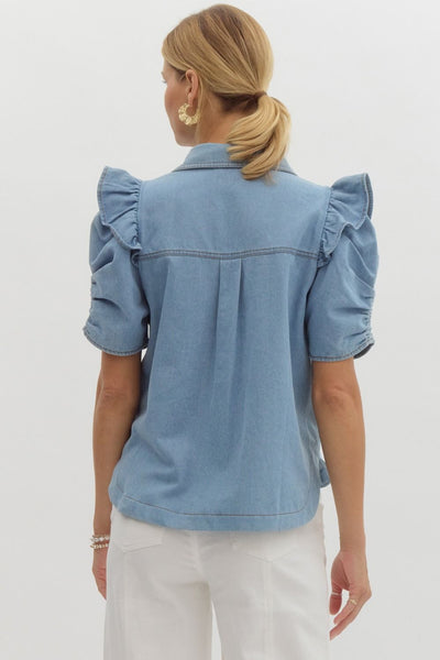 Denim Ruffle Button Up