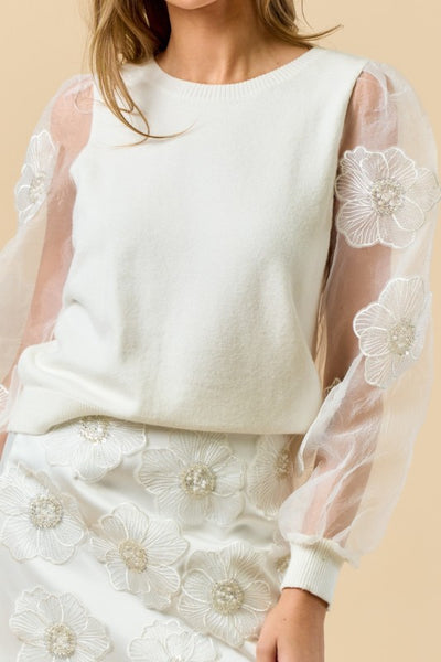 White Flower Sleeve Top