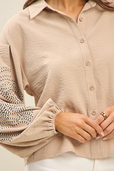 Embroidered Taupe Button Up