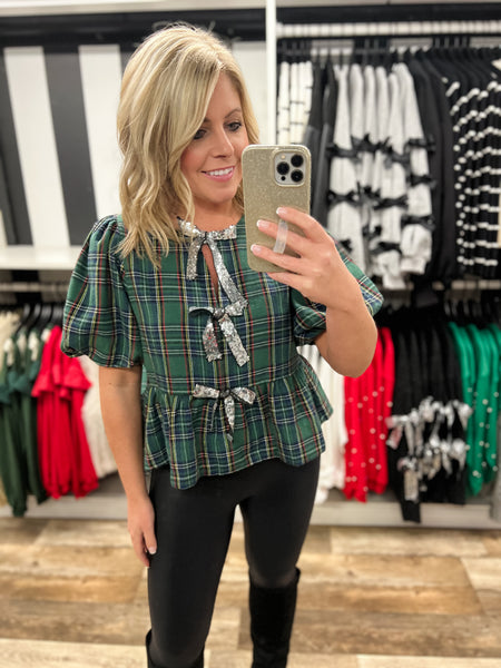 Green Plaid Peplum Top