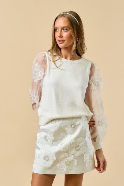 White Flower Sleeve Top