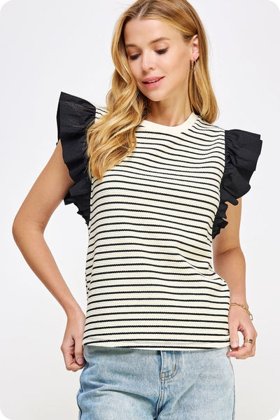 Black Stripe Ruffle Top