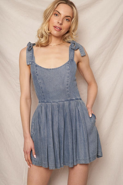 Denim Tie & Pleated Romper