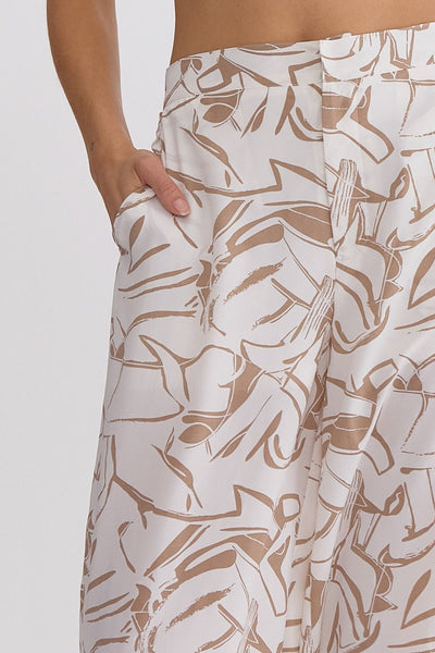 White Abstract Wide Leg Pants