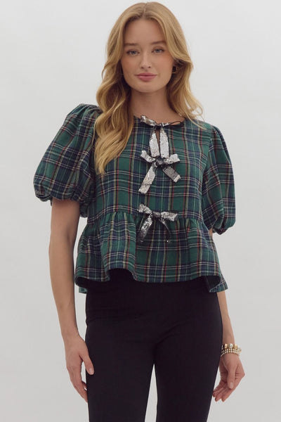 Green Plaid Peplum Top