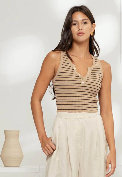 Taupe Stripe Button Tank