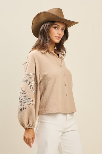 Embroidered Taupe Button Up