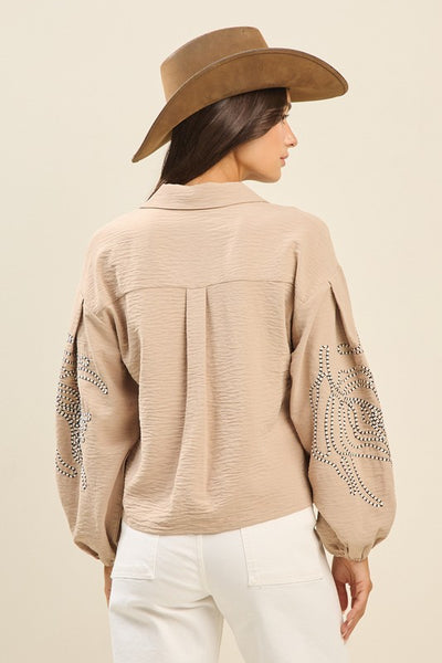Embroidered Taupe Button Up