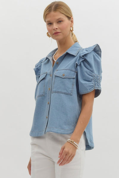 Denim Ruffle Button Up