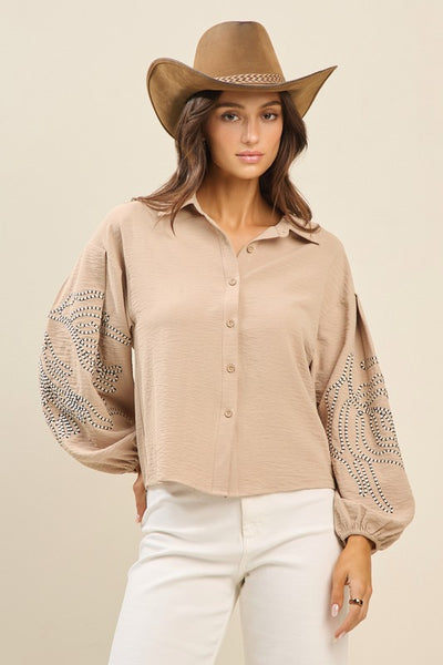Embroidered Taupe Button Up