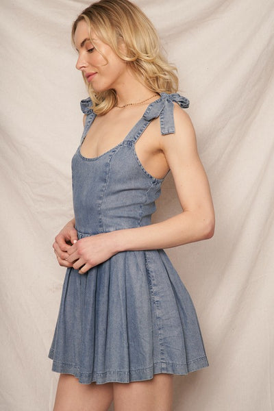 Denim Tie & Pleated Romper
