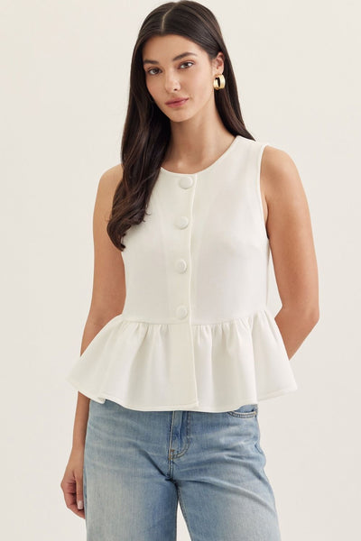 White Peplum Button Top