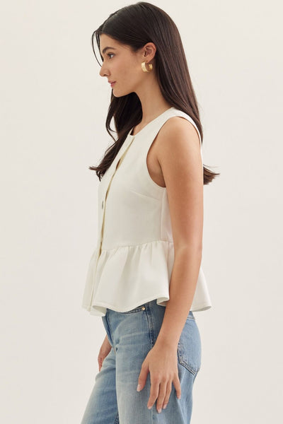 White Peplum Button Top
